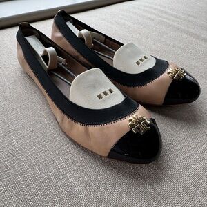 Tory Burch Black and Tan Flats with Gold Logo